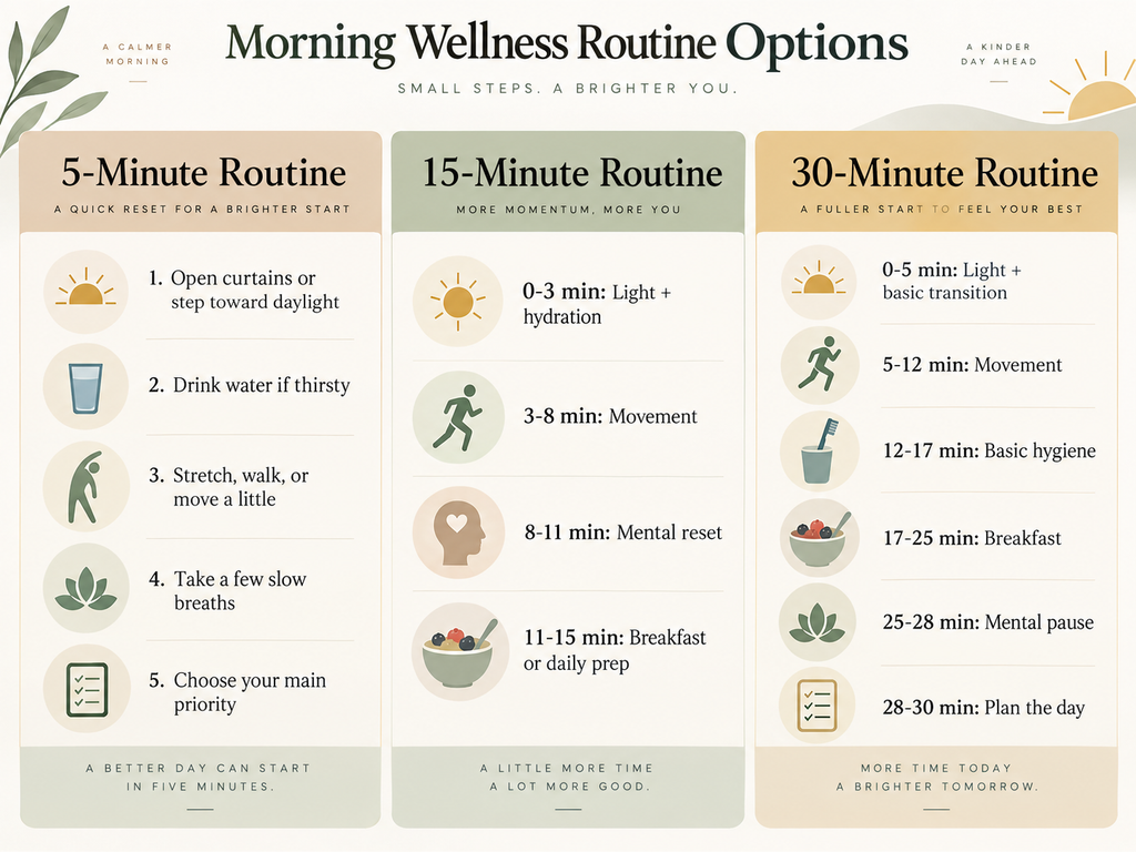 Comparison of 5-, 15-, and 30-minute morning wellness routine options