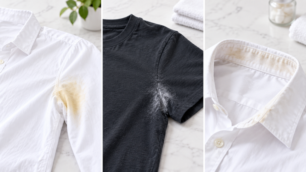 Yellow sweat stain, white deodorant residue and collar buildup on clothing