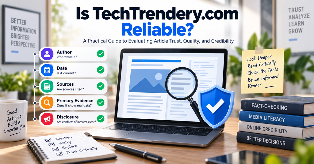 Trust-check image showing key article evaluation factors such as author, date, sources, primary evidence, and disclosure when assessing TechTrendery.com content reliability.