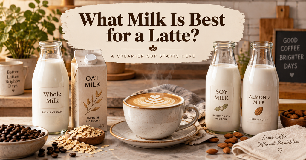 Whole milk, oat milk, soy milk, and almond milk for homemade lattes