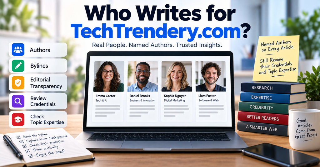 Editorial-style illustration highlighting named authors, article bylines, and the importance of reviewing author credentials and topic expertise on TechTrendery.com.